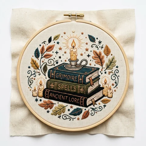 Candlelit Grimoire Library hand embroidery design