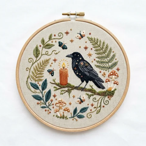 Candlelit Raven Ferns Woodland Mushrooms hand embroidery design