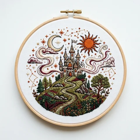 Castle Road Sun Moon Stars hand embroidery design