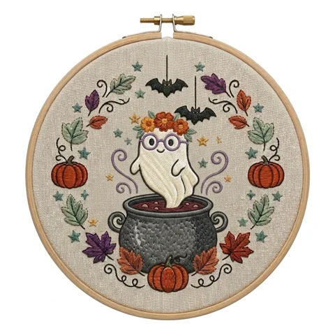 Cauldron Ghost Pumpkins Autumn Bat Wreath hand embroidery design