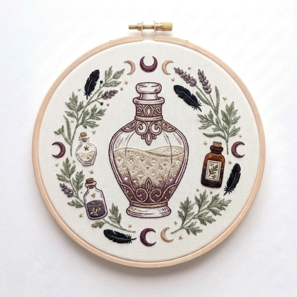 Celestial Apothecary Bottle with Lavender Herbs Feathers and Moon colored hand embroidery design