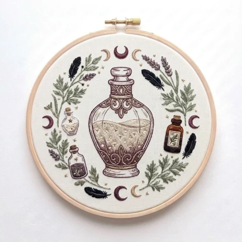 Celestial Apothecary Bottle with Lavender Herbs Feathers and Moon hand embroidery design