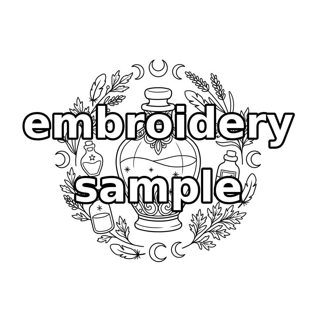 Watermarked Celestial Apothecary Bottle with Lavender Herbs Feathers and Moon embroidery outline