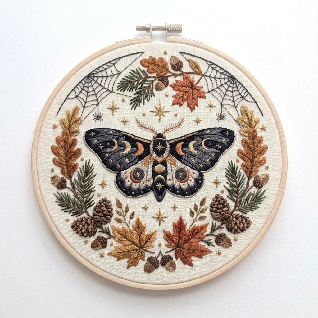 Celestial Autumn Moth colored hand embroidery design