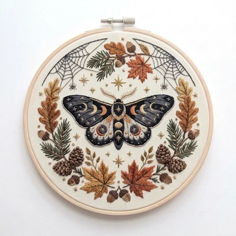 Celestial Autumn Moth hand embroidery design