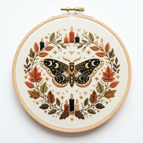 Celestial Autumn Moth Candle Wreath hand embroidery design