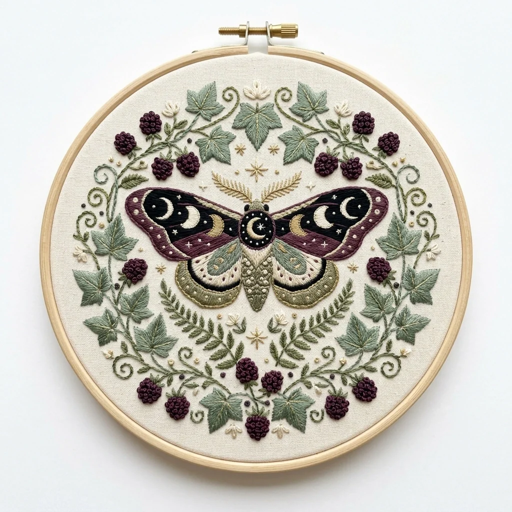 Celestial Blackberry Moth Ivy colored hand embroidery design