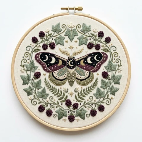Celestial Blackberry Moth Ivy hand embroidery design