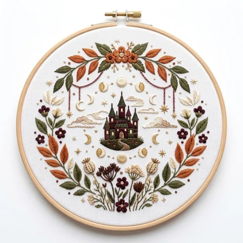 Celestial Castle Autumn Botanical Wreath hand embroidery design