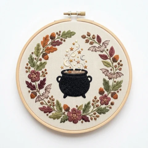 Celestial Cauldron with Three Bats Acorns and Autumn Floral Wreath hand embroidery design