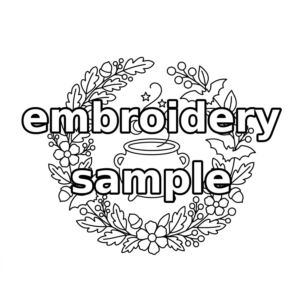 Watermarked Celestial Cauldron with Three Bats Acorns and Autumn Floral Wreath embroidery outline