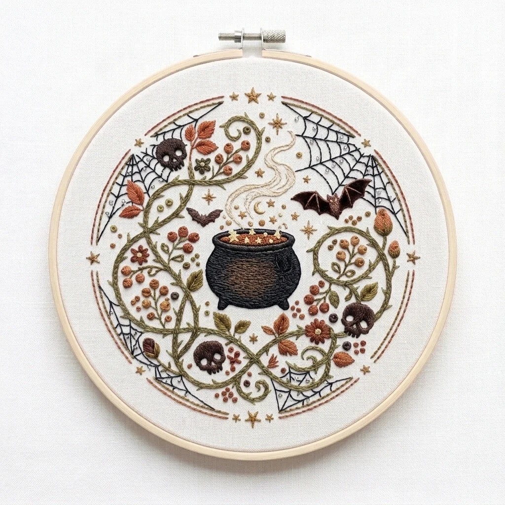 Celestial Cauldron with Three Skulls Bats Spider Webs and Autumn Vines colored hand embroidery design