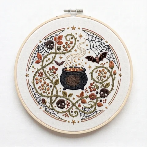 Celestial Cauldron with Three Skulls Bats Spider Webs and Autumn Vines hand embroidery design