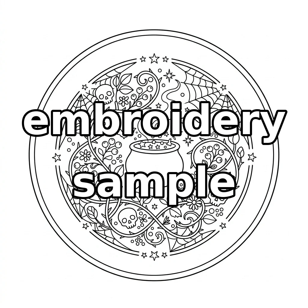 Watermarked Celestial Cauldron with Three Skulls Bats Spider Webs and Autumn Vines embroidery outline