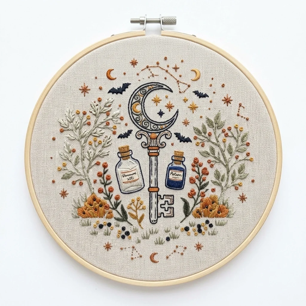 Celestial Crescent Key and Woodland Potion Bottles colored hand embroidery design