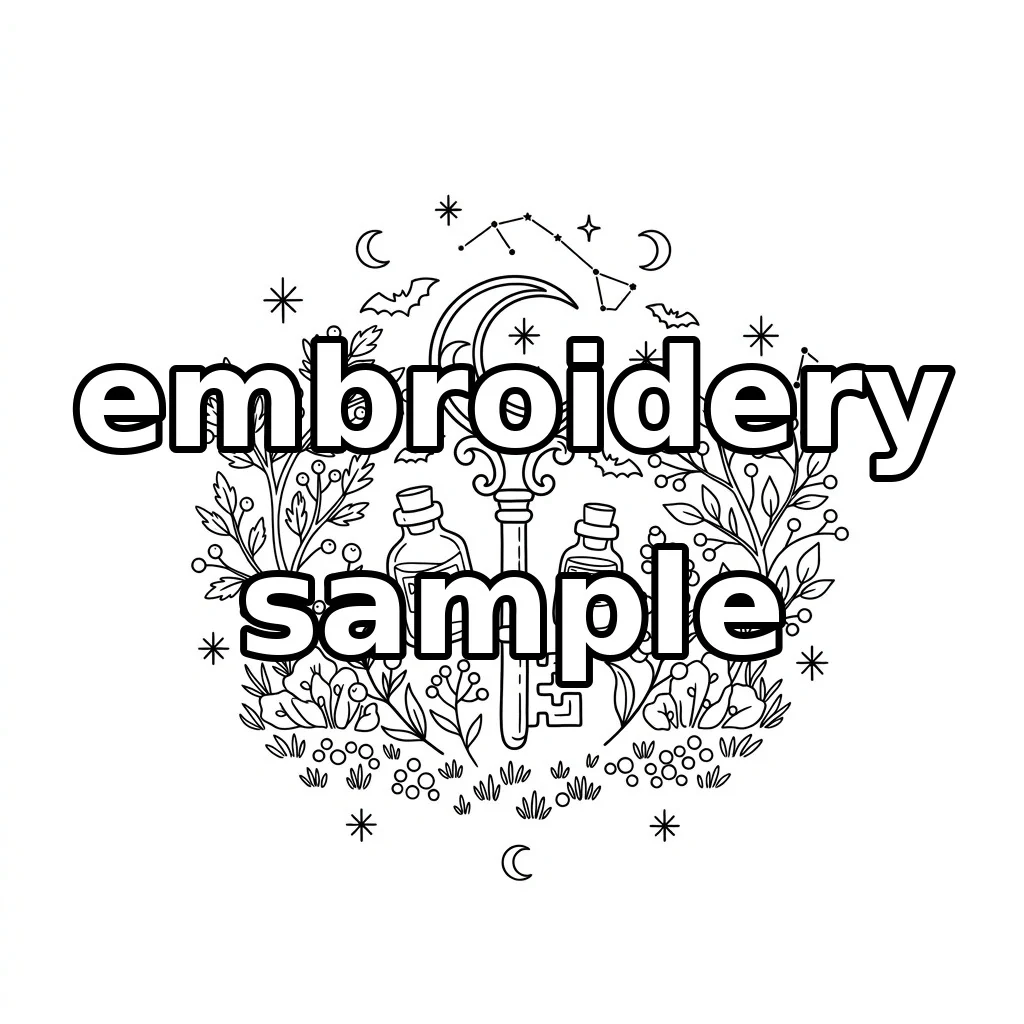 Watermarked Celestial Crescent Key and Woodland Potion Bottles embroidery outline