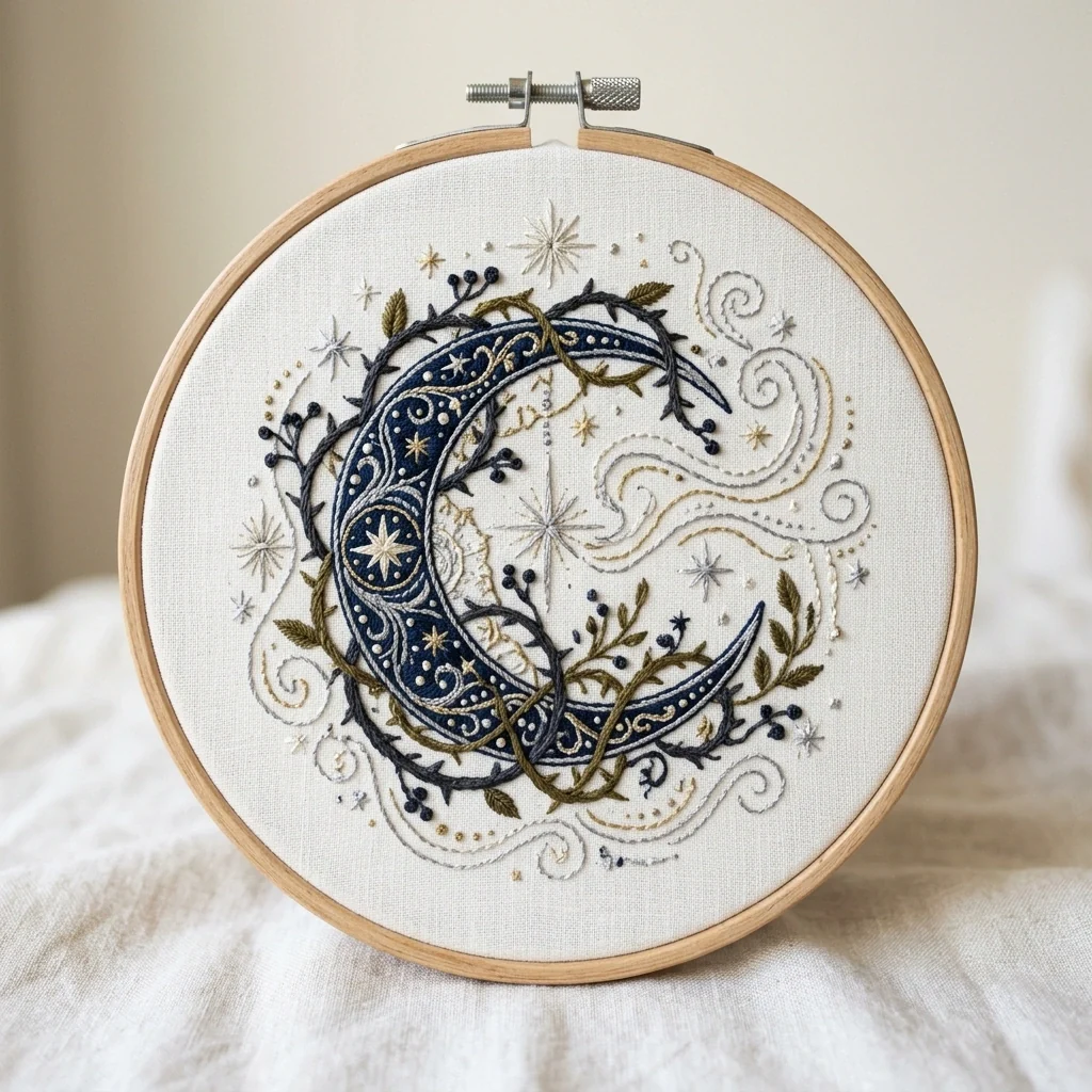 Celestial Crescent Moon Stars Botanical Swirls colored hand embroidery design
