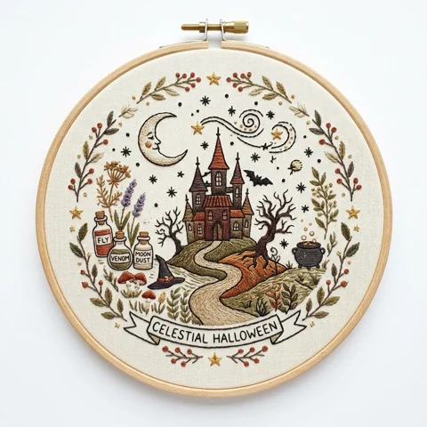 Celestial Haunted Castle Halloween Wreath hand embroidery design
