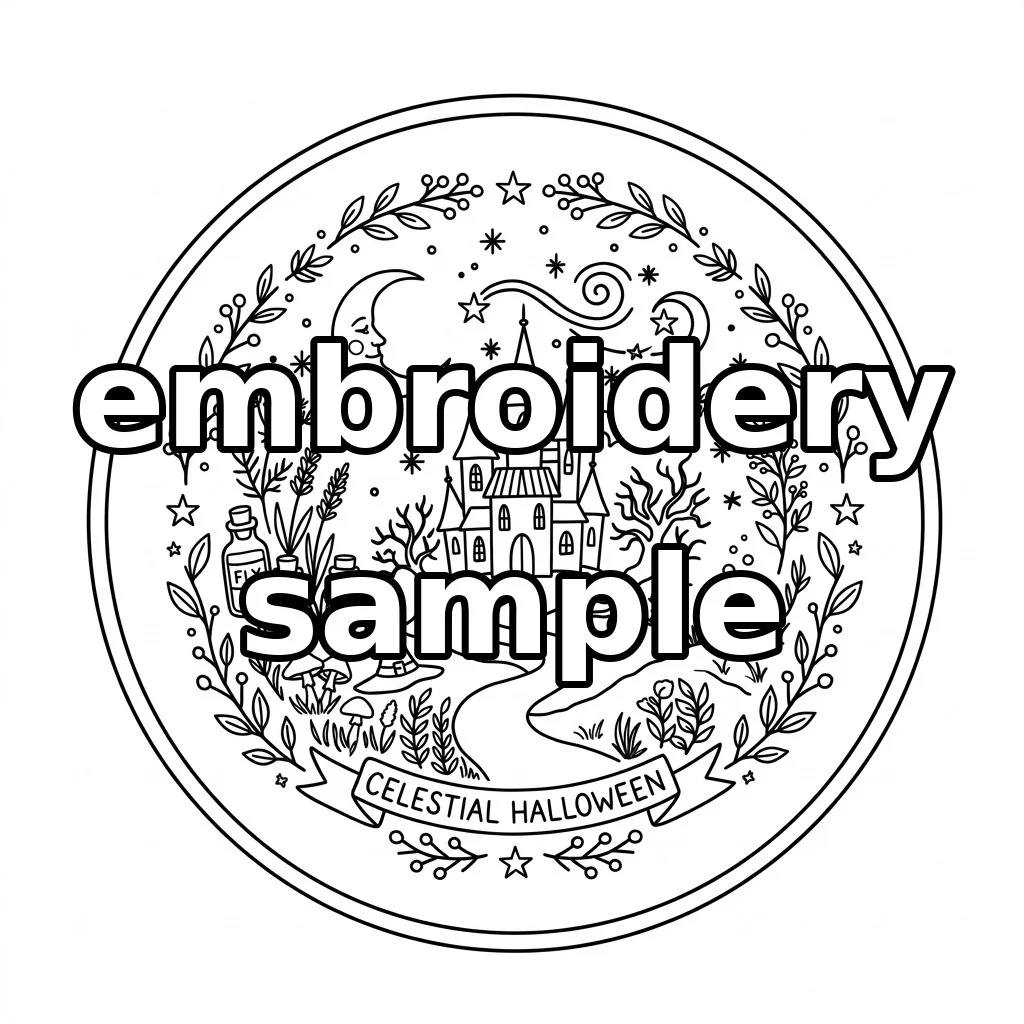 Watermarked Celestial Haunted Castle Halloween Wreath embroidery outline
