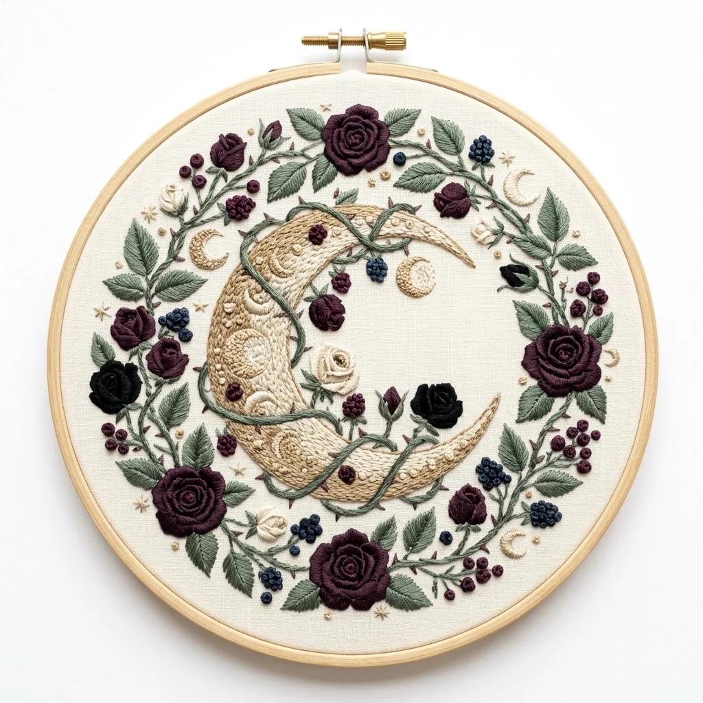 Ivory Crescent, Burgundy Roses and Blackberries colored hand embroidery design