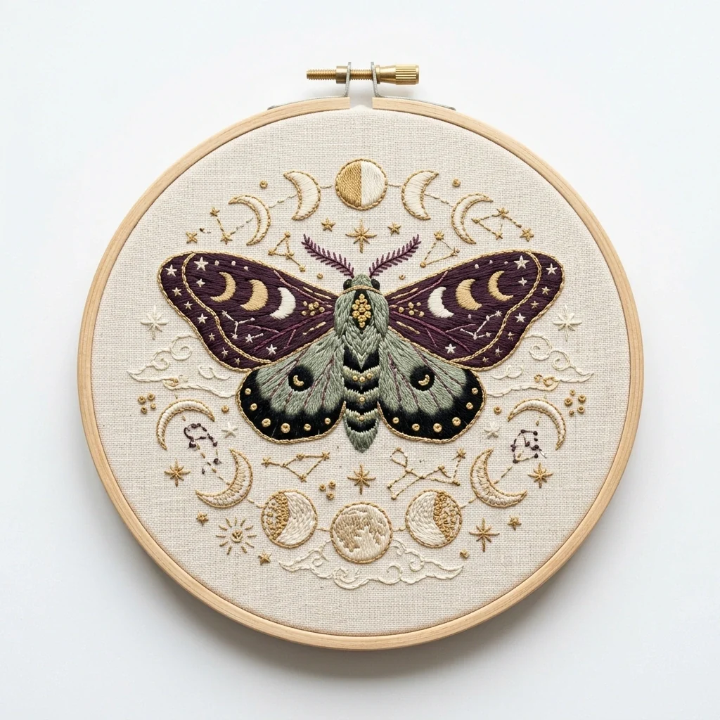 Celestial Luna Moth with Moon Phases and Constellation Wreath colored hand embroidery design