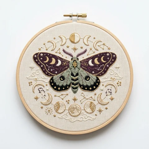 Celestial Luna Moth with Moon Phases and Constellation Wreath hand embroidery design