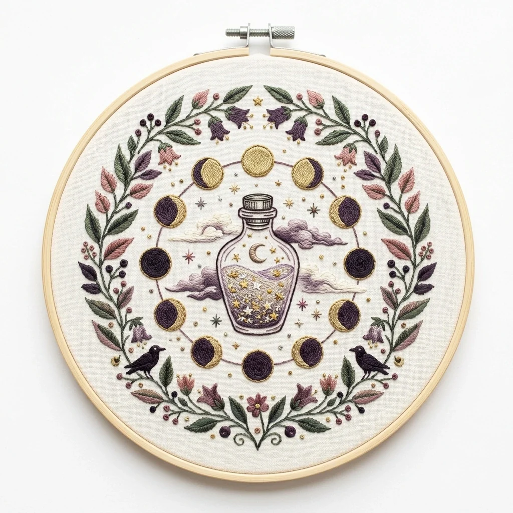 Celestial Moon Jar with Moon Phases Ravens and Botanical Wreath colored hand embroidery design