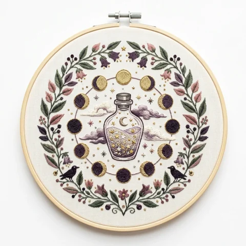Celestial Moon Jar with Moon Phases Ravens and Botanical Wreath hand embroidery design