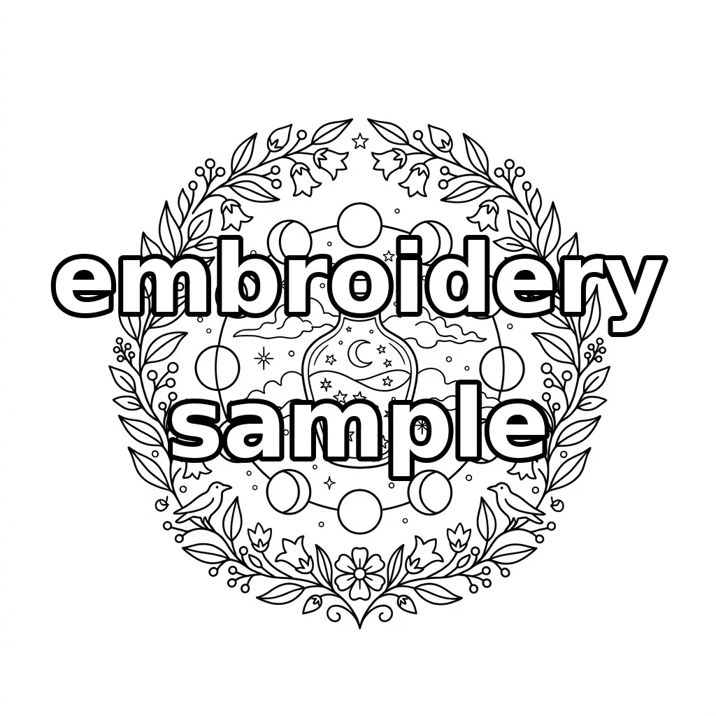 Watermarked Celestial Moon Jar with Moon Phases Ravens and Botanical Wreath embroidery outline