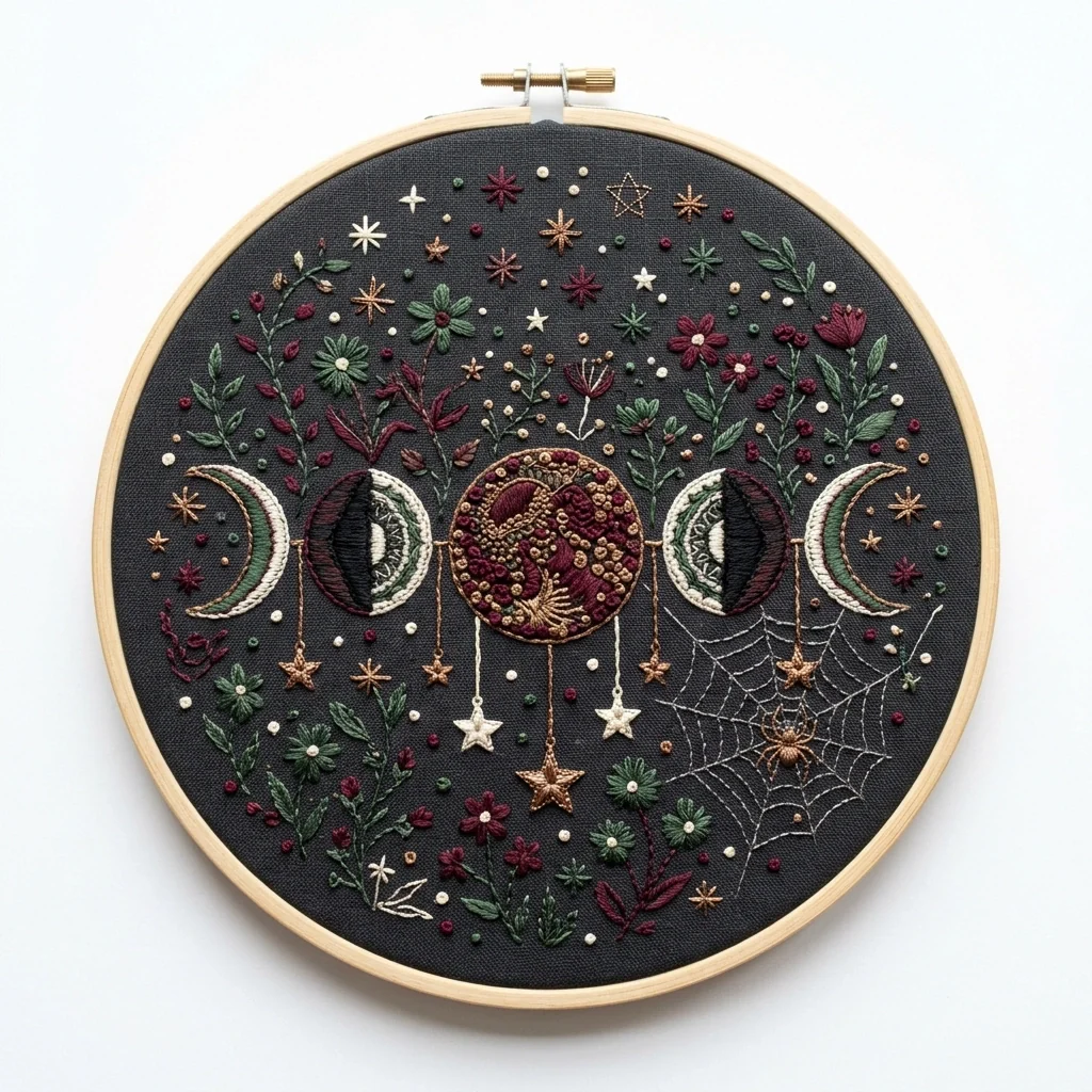 Celestial Moon Phases Florals Spiderweb colored hand embroidery design