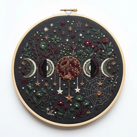 Celestial Moon Phases Florals Spiderweb hand embroidery design