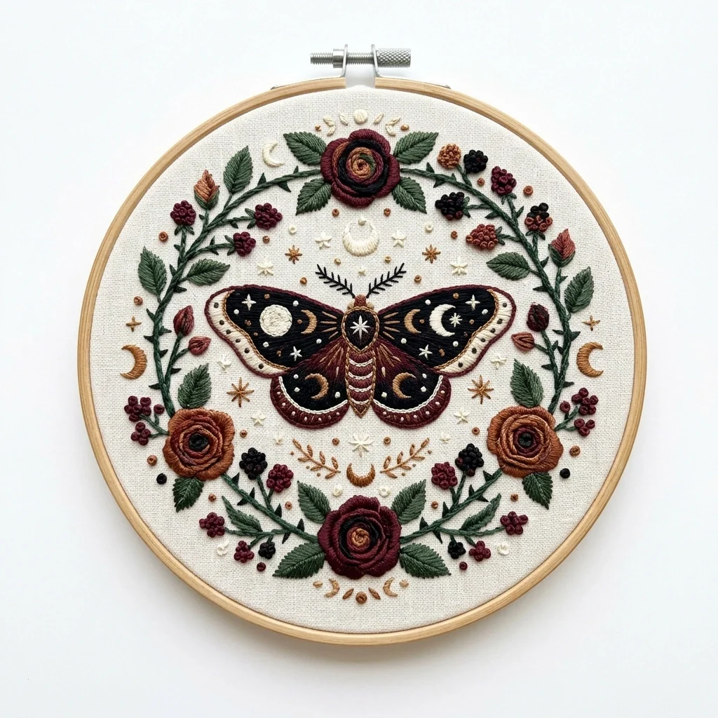 Celestial Moth colored hand embroidery design