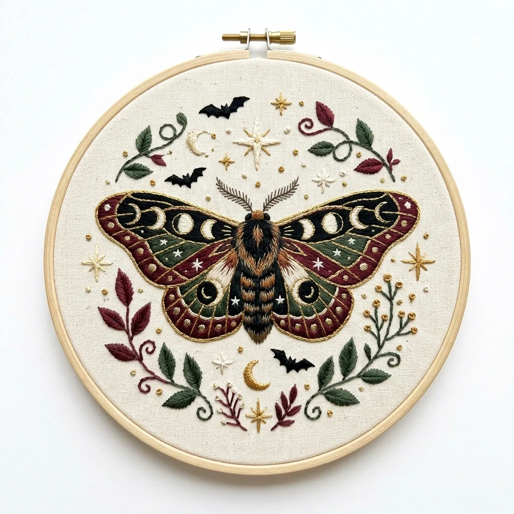 Celestial Moth Bats Floral Wreath colored hand embroidery design