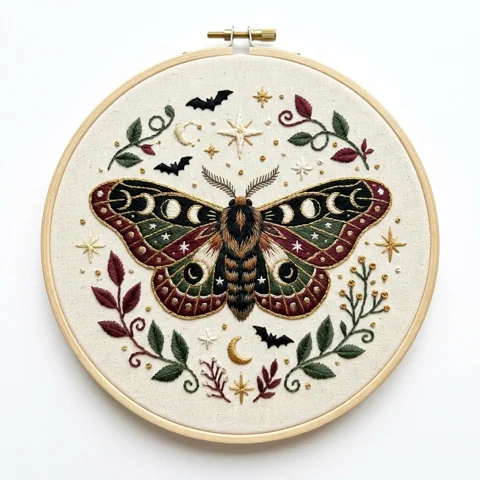 Celestial Moth Bats Floral Wreath hand embroidery design