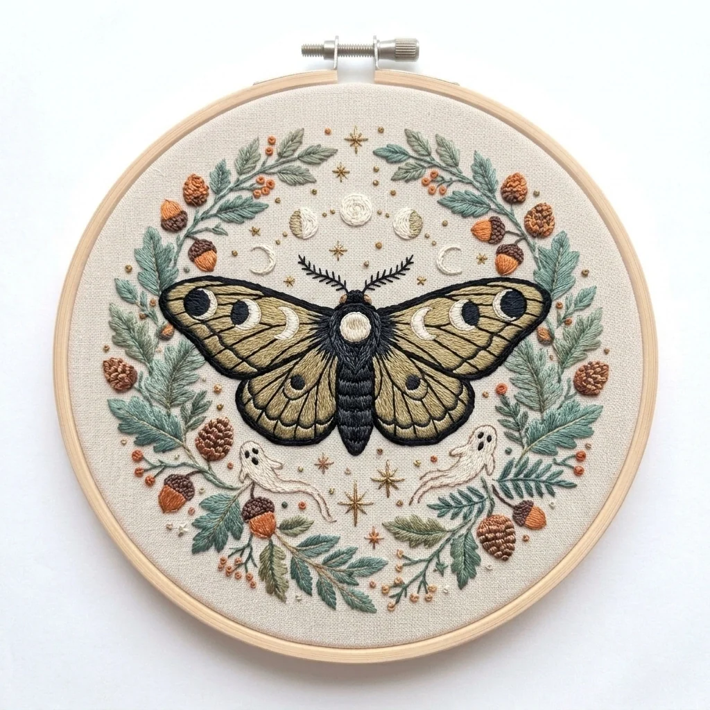 Celestial Moth Ghosts Acorn Wreath colored hand embroidery design