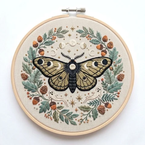 Celestial Moth Ghosts Acorn Wreath hand embroidery design