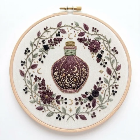 Celestial Plum Apothecary Bottle Botanical Wreath hand embroidery design