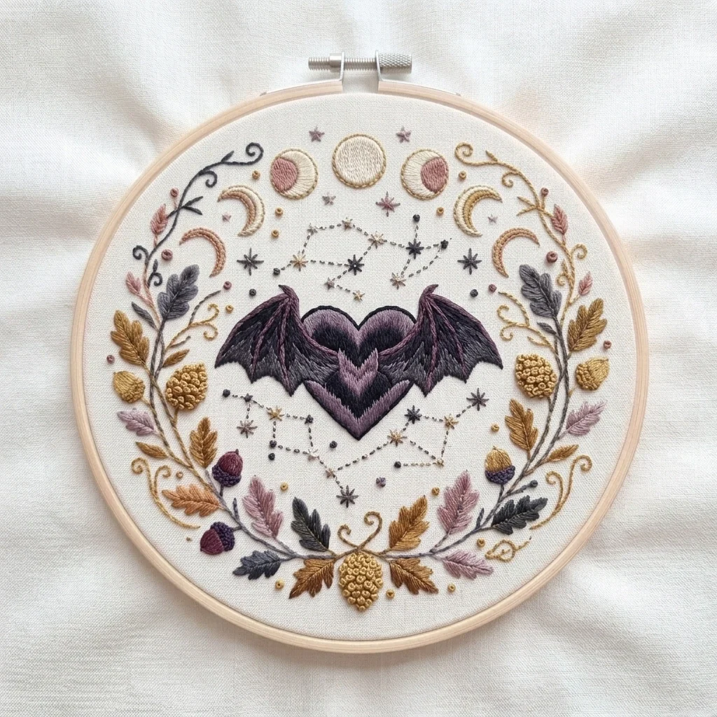 Celestial Plum Bat Wing Heart Botanical Wreath colored hand embroidery design