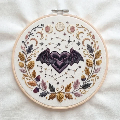 Celestial Plum Bat Wing Heart Botanical Wreath hand embroidery design