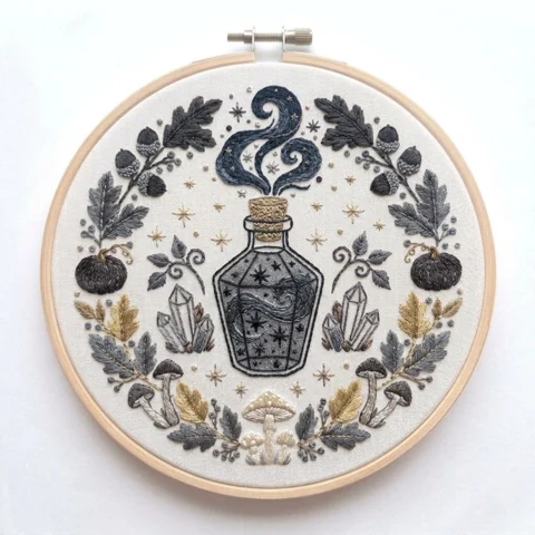 Celestial Potion Bottle with Crystals Mushrooms Acorns and Botanical hand embroidery design