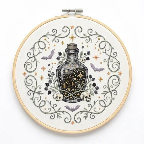 Three-Skull Potion Bottle and Botanical Vines hand embroidery design