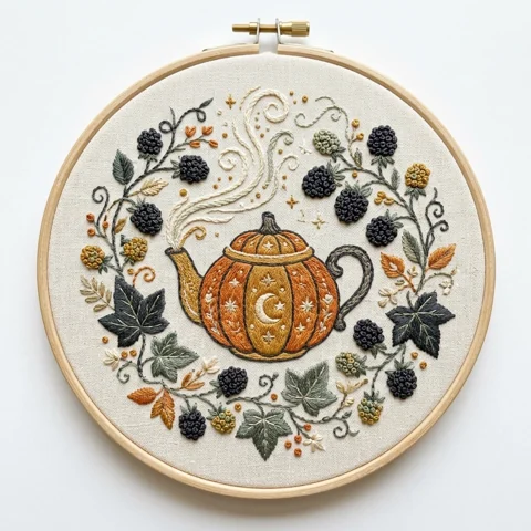 Celestial Pumpkin Teapot with Blackberry Wreath and Autumn Leaves hand embroidery design