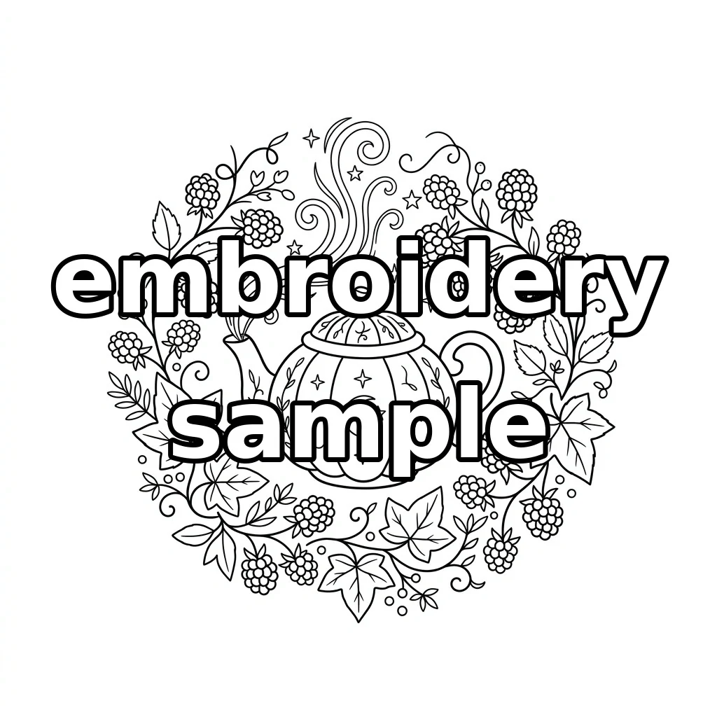 Watermarked Celestial Pumpkin Teapot with Blackberry Wreath and Autumn Leaves embroidery outline