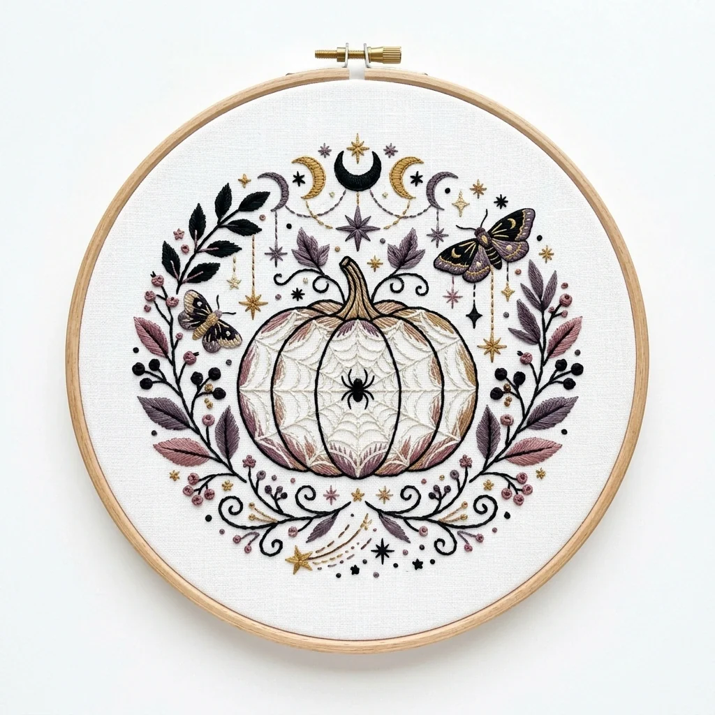 Celestial Spiderweb Pumpkin Moths Gothic Foliage colored hand embroidery design