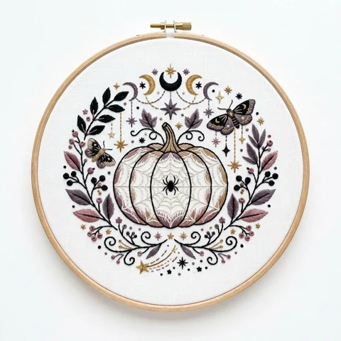 Celestial Spiderweb Pumpkin Moths Gothic Foliage hand embroidery design
