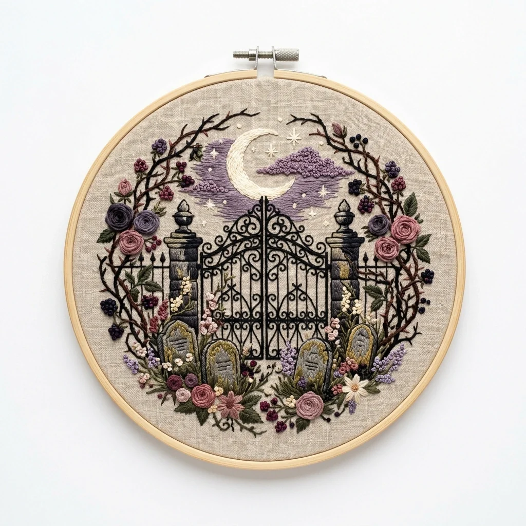 Cemetery Garden Gate Crescent Rose Wreath colored hand embroidery design