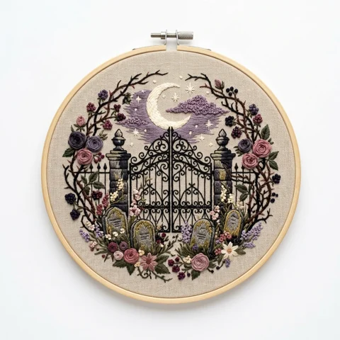 Cemetery Garden Gate Crescent Rose Wreath hand embroidery design