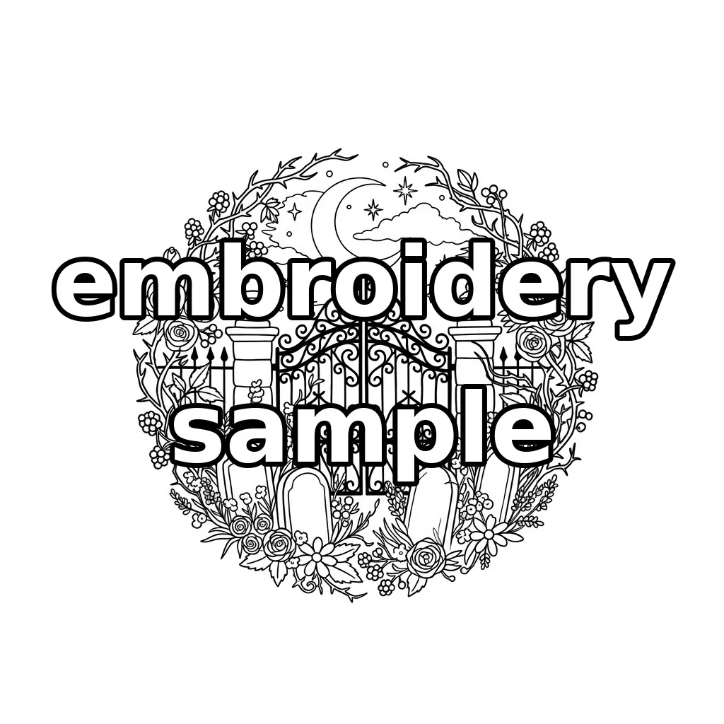 Watermarked Cemetery Garden Gate Crescent Rose Wreath embroidery outline
