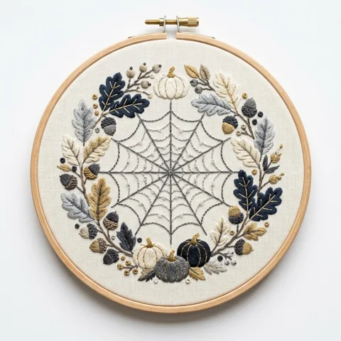 Central Spiderweb with Four Pumpkins Acorns and Autumn Oak Wreath hand embroidery design