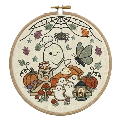 Chef Ghost Pumpkin Pie Autumn Halloween Wreath hand embroidery design